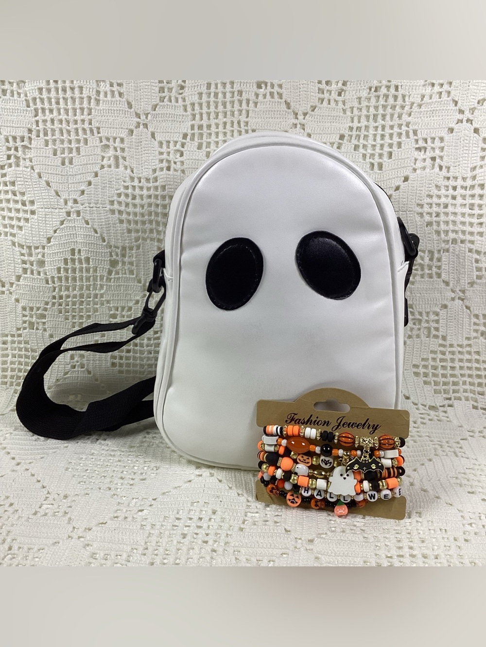 Crossbody Bag — White with Black Details & set of 7 Halloween bracelets